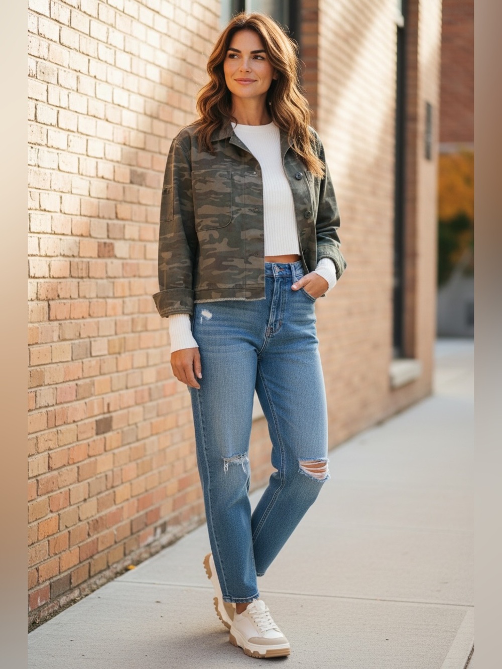 Sanctuary Cropped Fray Hem Utility Jacket in green camouflage print